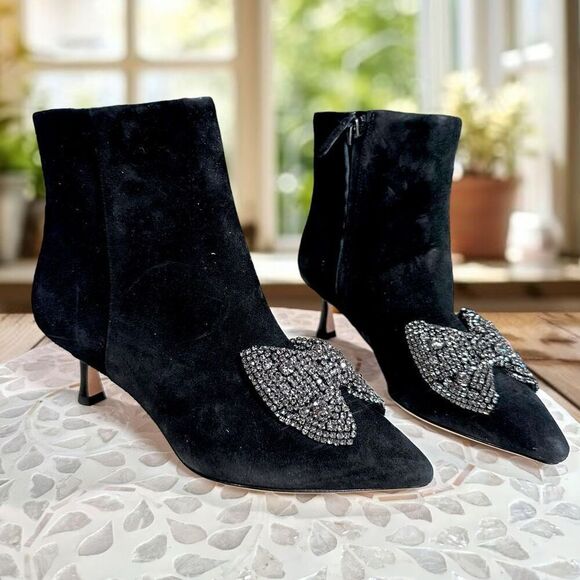 Tory Burch $498 Embellished Crystal Bow Leather Suede Ankle Booties Boots Shoes - Picture 14 of 15